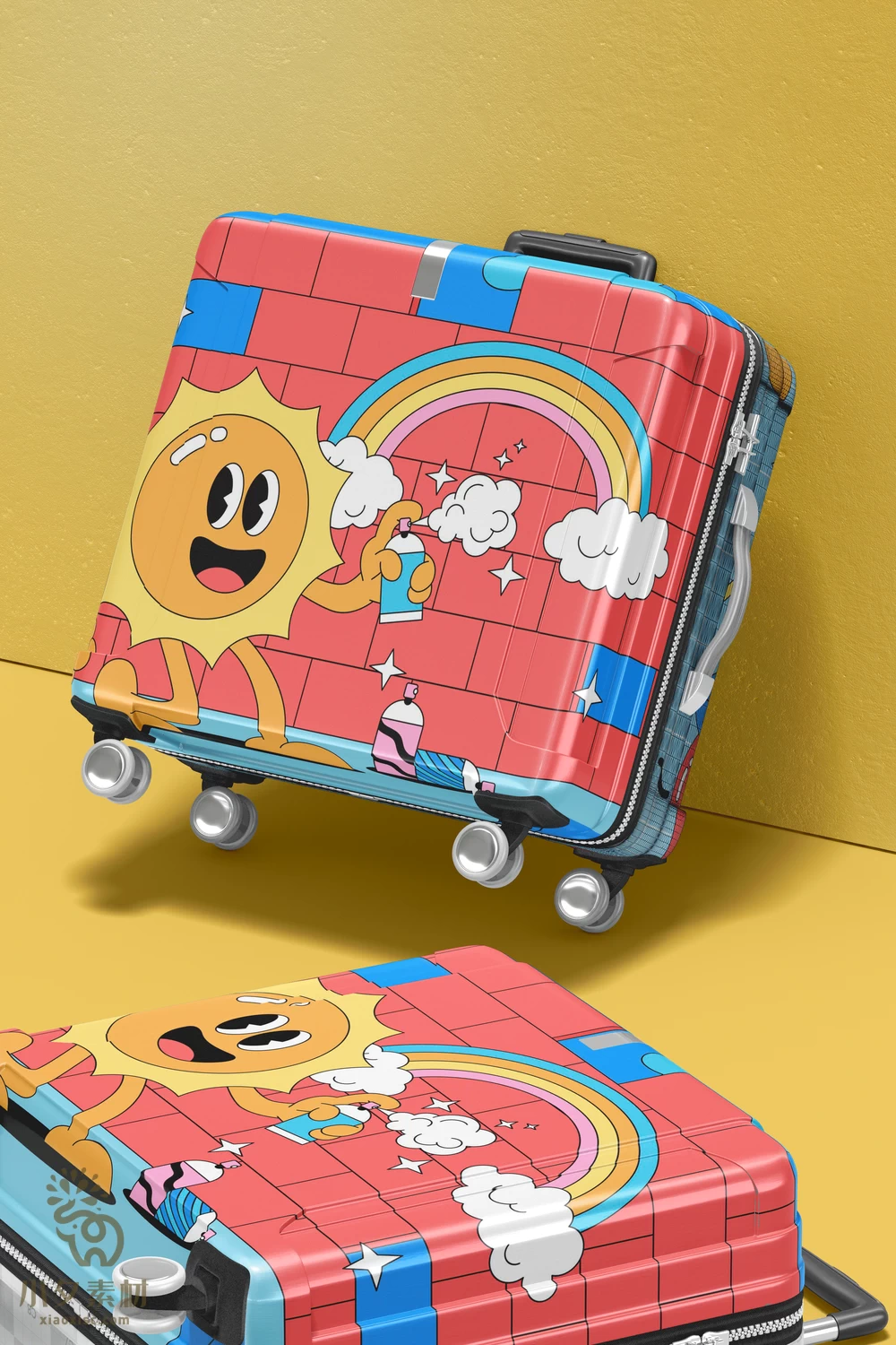 品牌儿童方形行李箱拉杆箱VI智能贴图文创样机模板PSD设计素材【004】